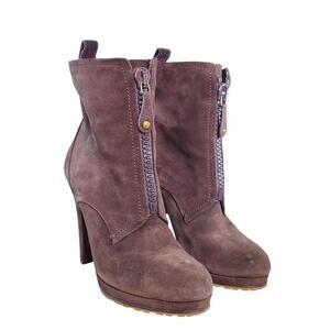 Gucci Brown Suede Heeled Ankle Boots Lined W/ Monoglian Lamb Fur - 36.5